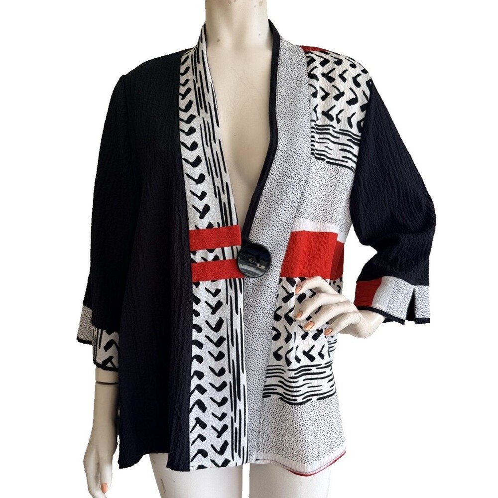 MOONLIGHT Jacket Top Black Geometric Print Asian Art to Wear 3/4 Sleeve Size M - Picture 2 of 7
